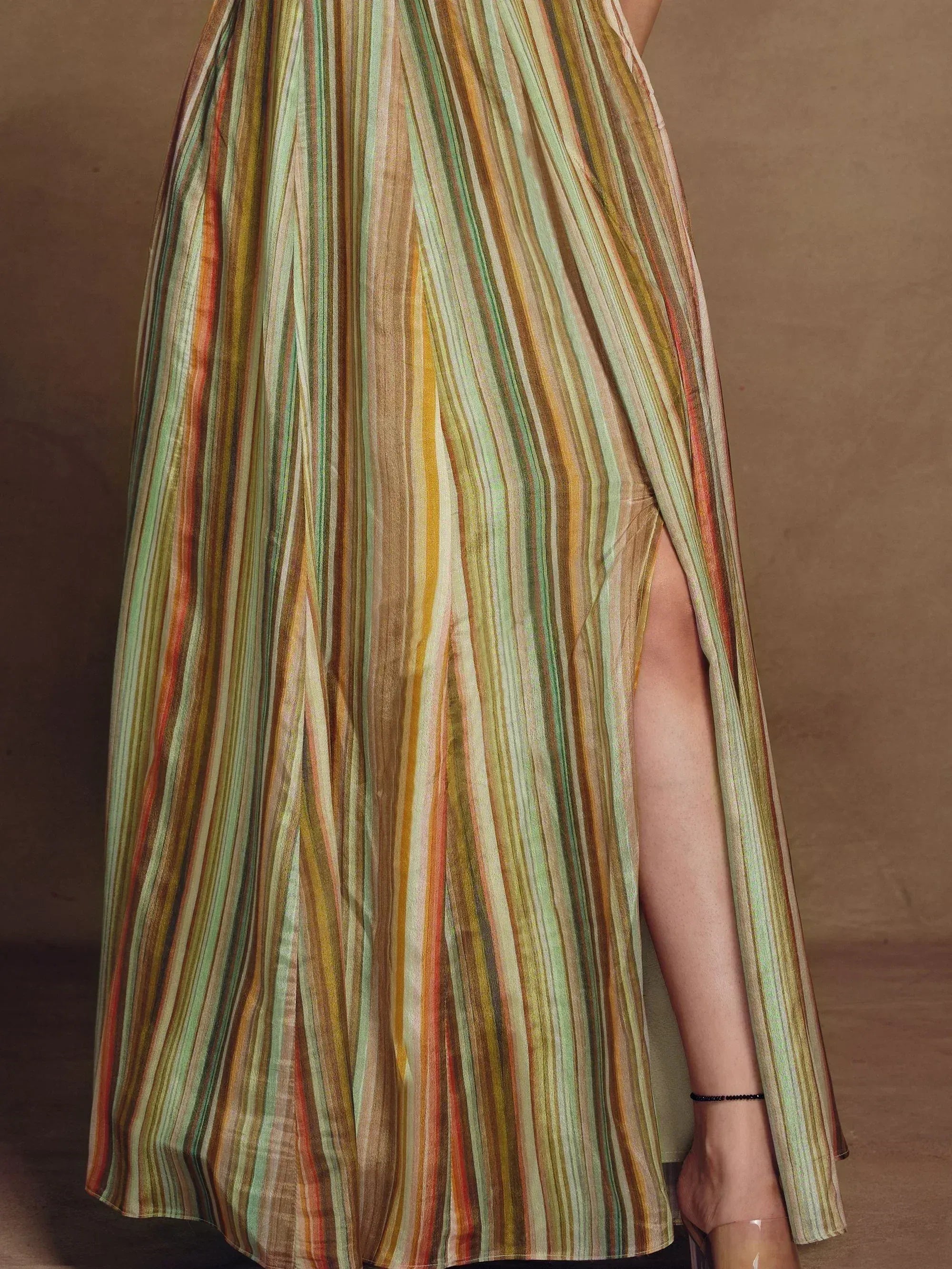 Striped ethnic gown with high slit, perfect for Indian occasions and festive wear