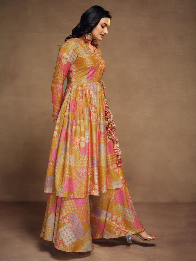 Glamorous Mustard Yellow Digital Printed Muslin Silk Palazzo Suit