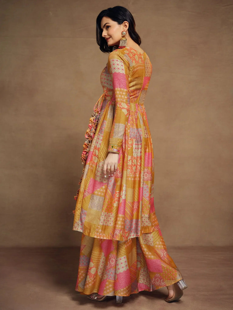 Glamorous Mustard Yellow Digital Printed Muslin Silk Palazzo Suit