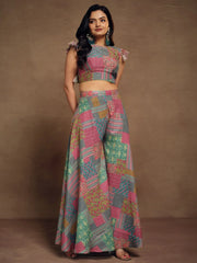 Stunning Multi-Color Printed Muslin Silk Designer Crop Top Palazzo
