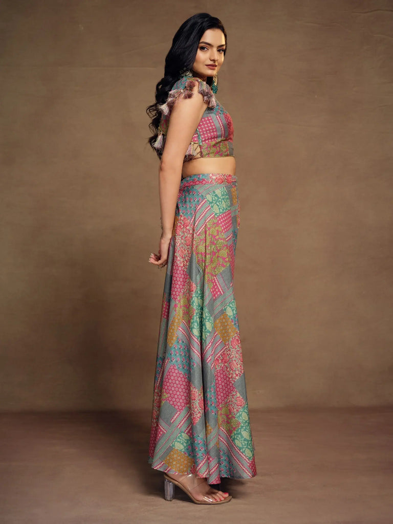 Stunning Multi-Color Printed Muslin Silk Designer Crop Top Palazzo