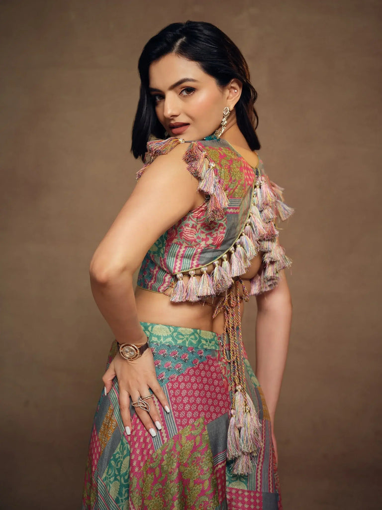 Stunning Multi-Color Printed Muslin Silk Designer Crop Top Palazzo