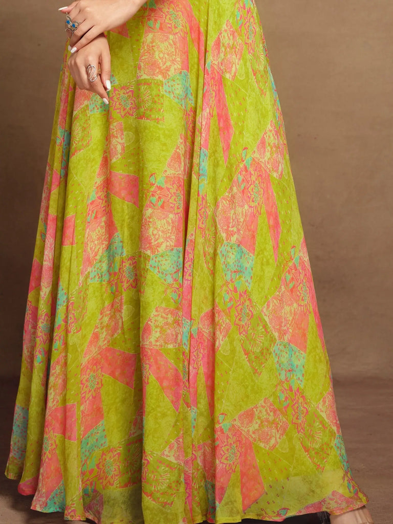 Enchanting Light Green Digital Printed Georgette Party Wear Gown