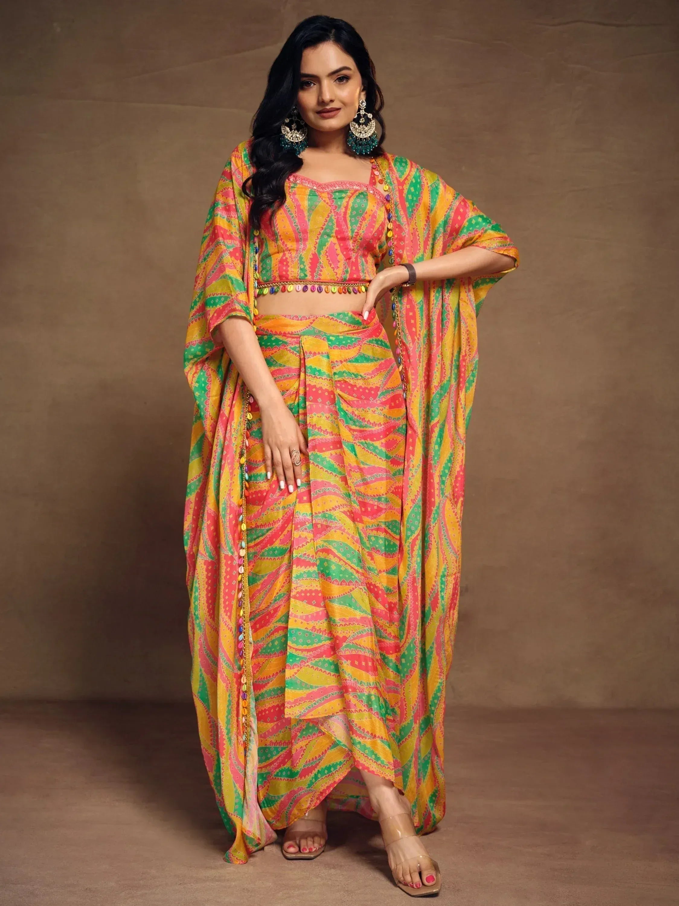 Vibrant printed Indian ethnic lehenga choli with colorful dupatta, perfect for festive occasions and celebrations.