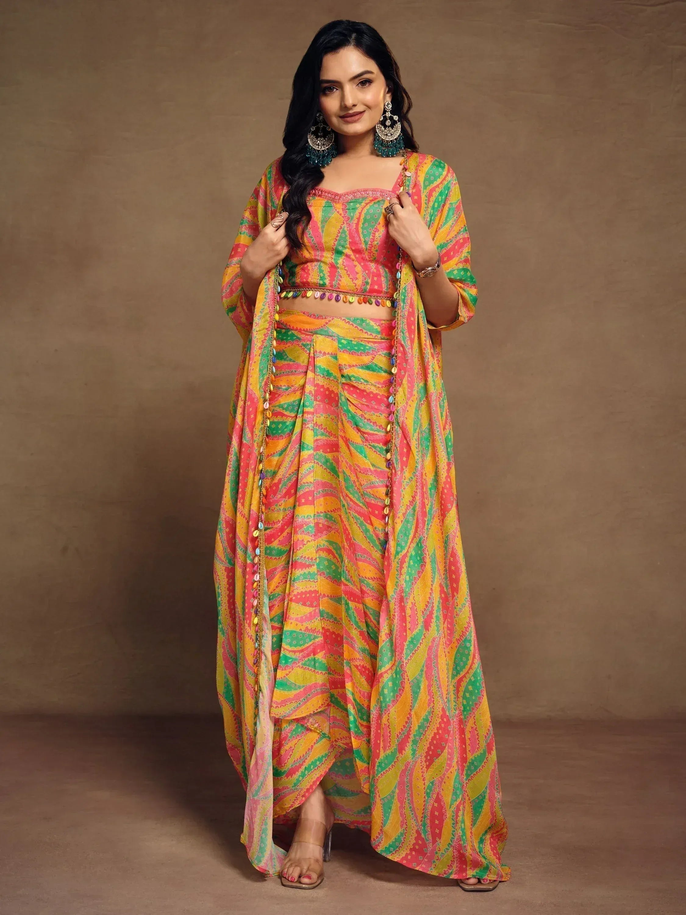 Vibrant printed ethnic sharara set with colorful dupatta, perfect for festive occasions and celebrations.