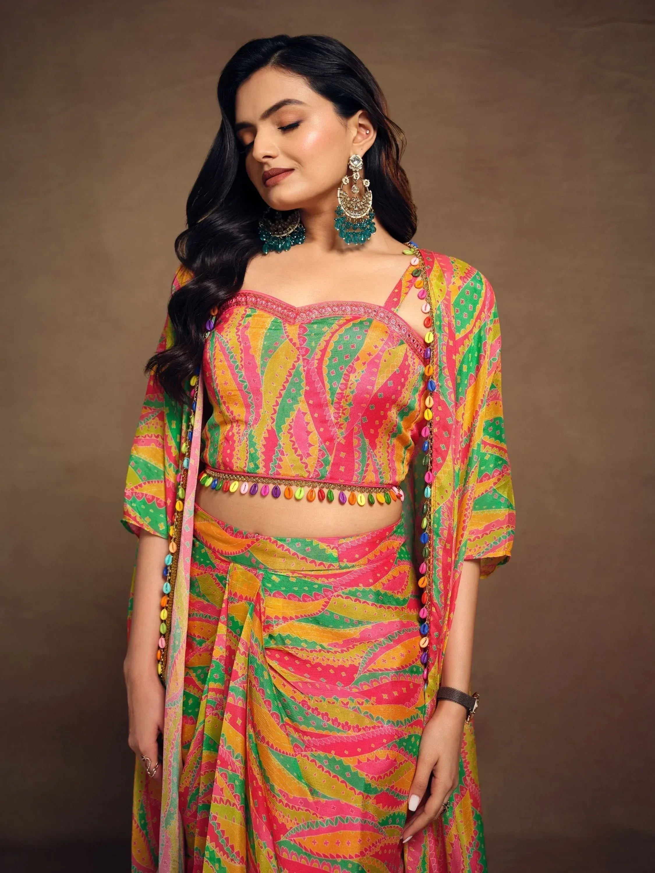 Vibrant multicolor printed lehenga choli with shell embellishments, perfect for festive Indian occasions
