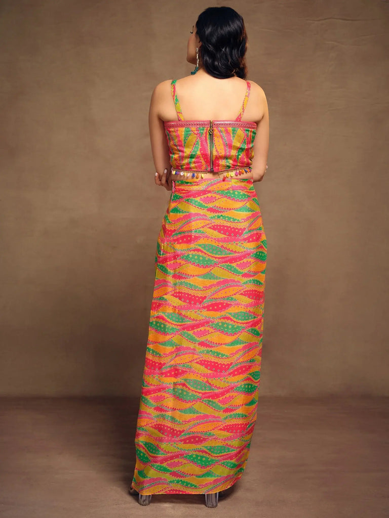 Magnetic Multi-Color Printed Chinon Designer Pleated Skirt Co-Ords