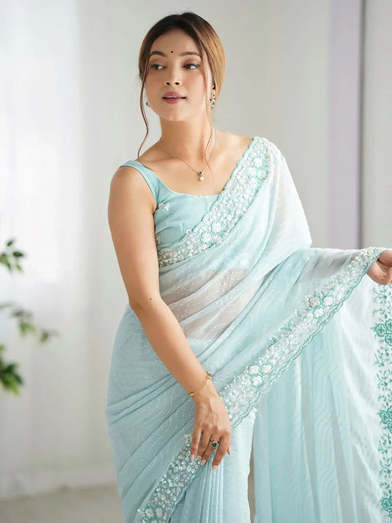 Artistic Sky Blue Sequins Festival Wear Saree With Blouse - Ethnic Plus In