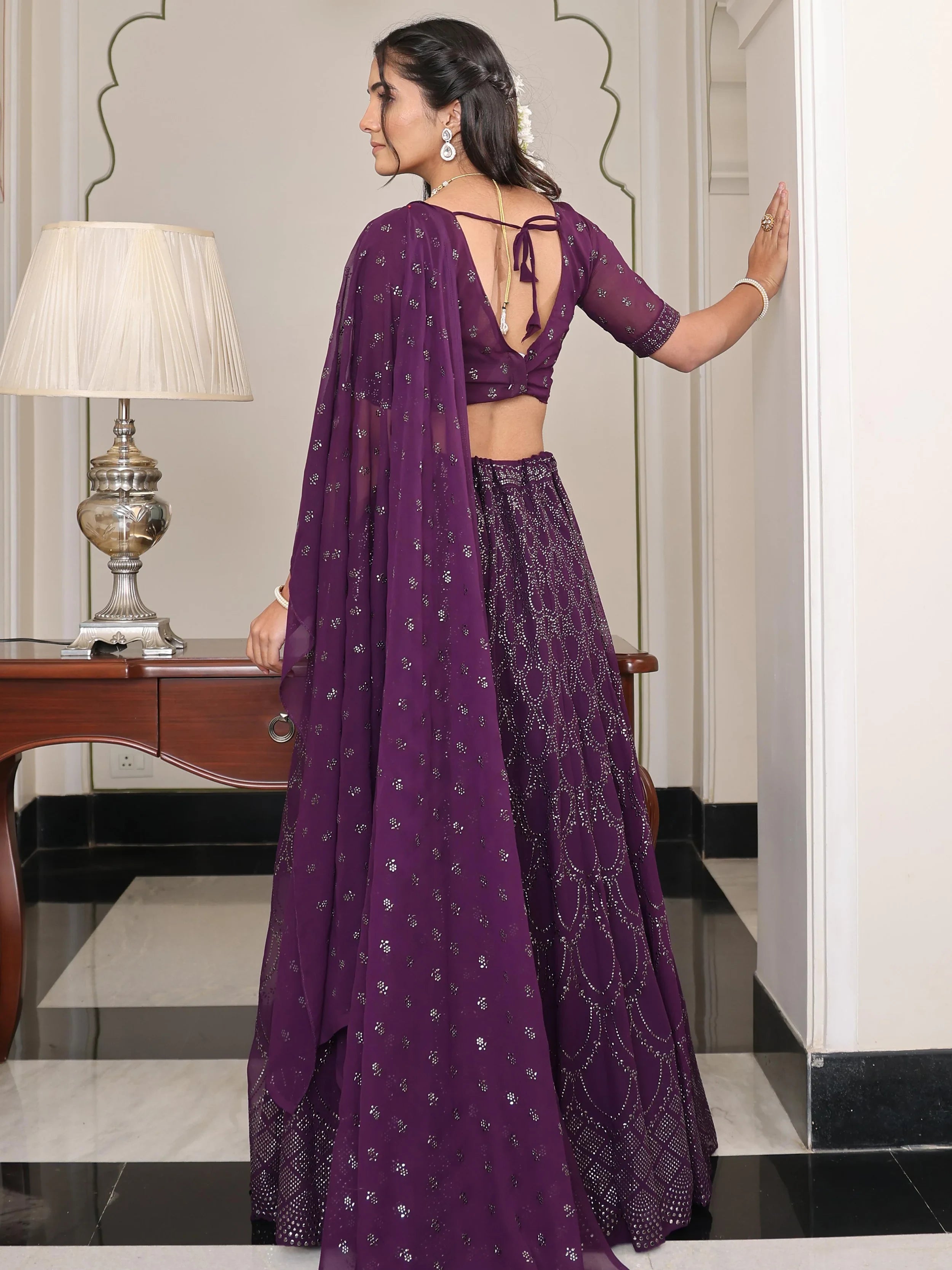 Artistic Wine Embroidered Georgette Reception Wear Lehenga Choli - Ethnic Plus In