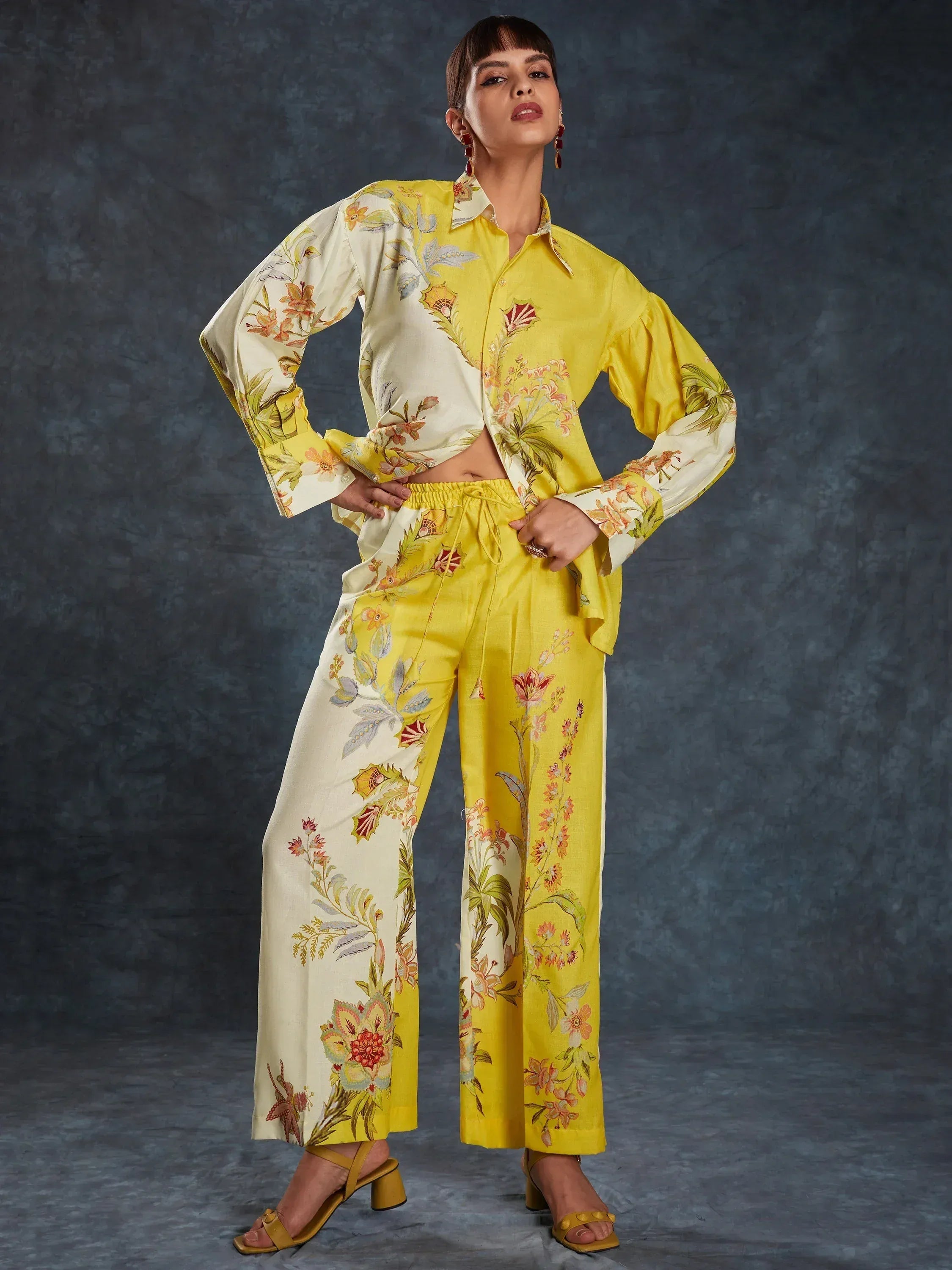 Yellow floral printed ethnic co-ord set with wide-leg pants and cropped shirt for women