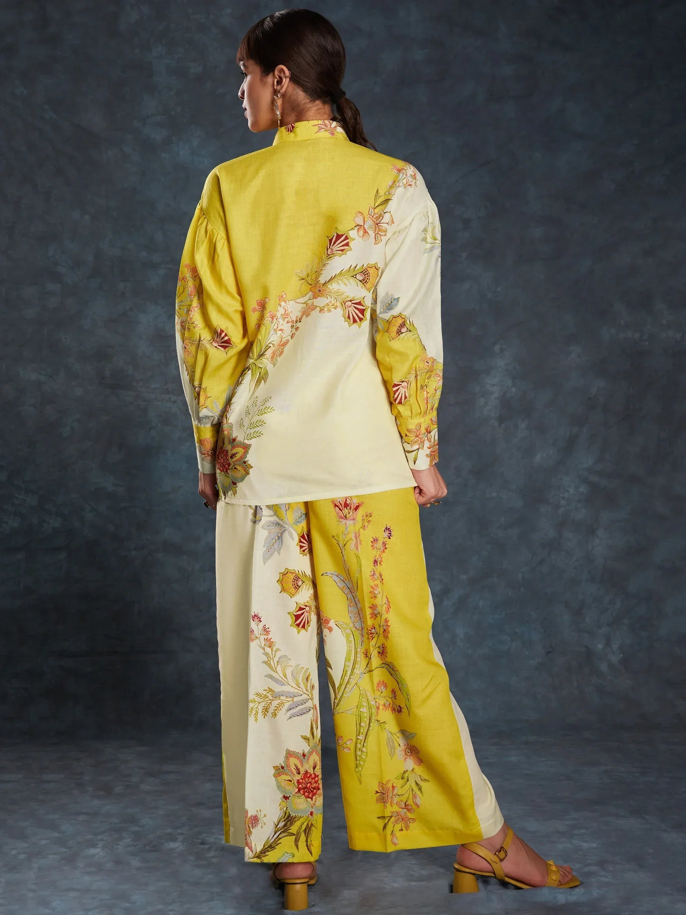 Yellow and cream floral print ethnic kurta with palazzo pants, stylish Indian wear for women