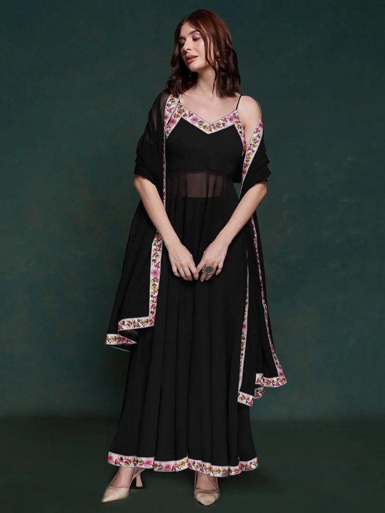 Wonderful Black Georgette Party Wear Long Suit With Dupatta