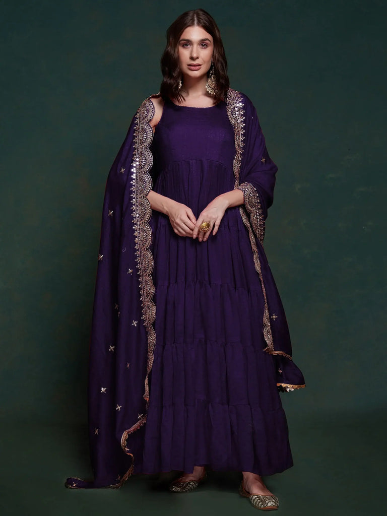 Shocking Purple Silk Reception Wear Gown With Heavy Dupatta