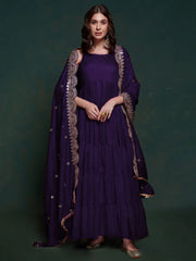 Shocking Purple Silk Reception Wear Gown With Heavy Dupatta