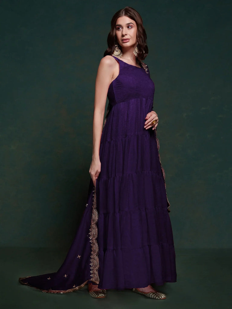 Shocking Purple Silk Reception Wear Gown With Heavy Dupatta