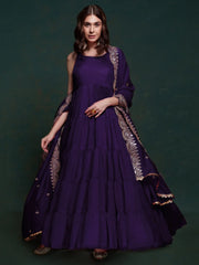 Shocking Purple Silk Reception Wear Gown With Heavy Dupatta
