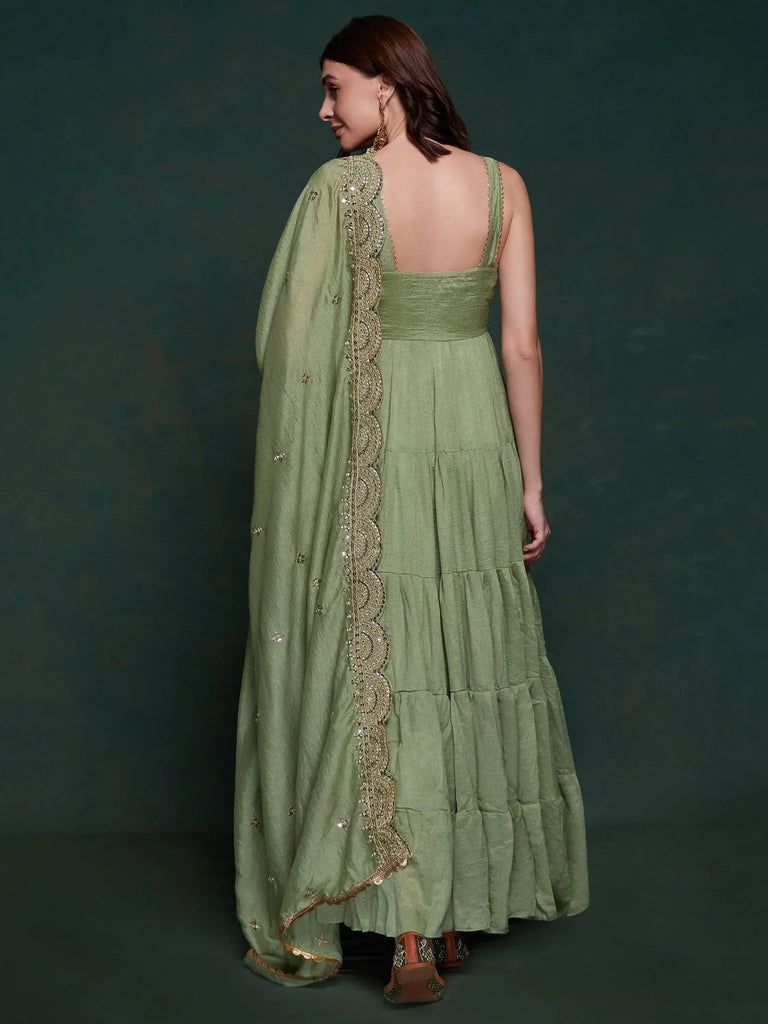 Amazing Sea Green Georgette Mehendi Wear Gown With Heavy Dupatta