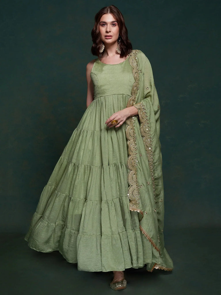 Amazing Sea Green Georgette Mehendi Wear Gown With Heavy Dupatta