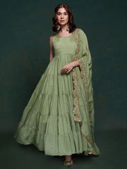 Amazing Sea Green Georgette Mehendi Wear Gown With Heavy Dupatta