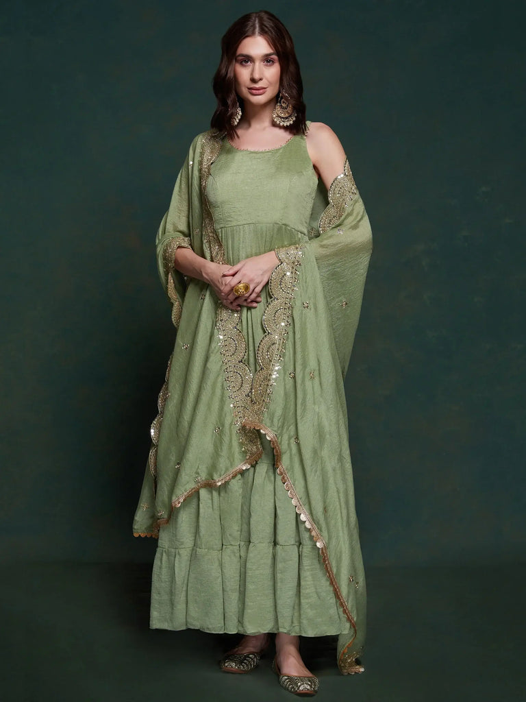 Amazing Sea Green Georgette Mehendi Wear Gown With Heavy Dupatta
