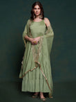 Amazing Sea Green Georgette Mehendi Wear Gown With Heavy Dupatta