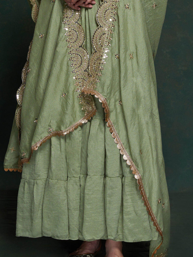 Amazing Sea Green Georgette Mehendi Wear Gown With Heavy Dupatta