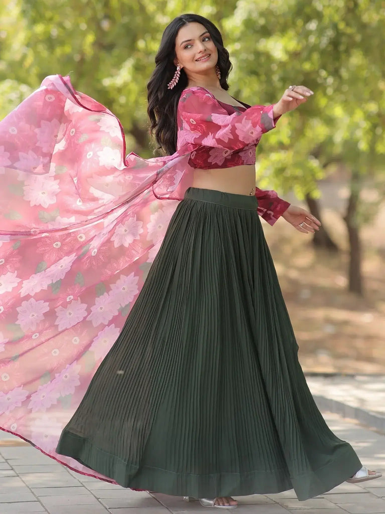 Astonishing Green Georgette Function Wear Crop Top Lehenga With Jacket - Ethnic Plus In