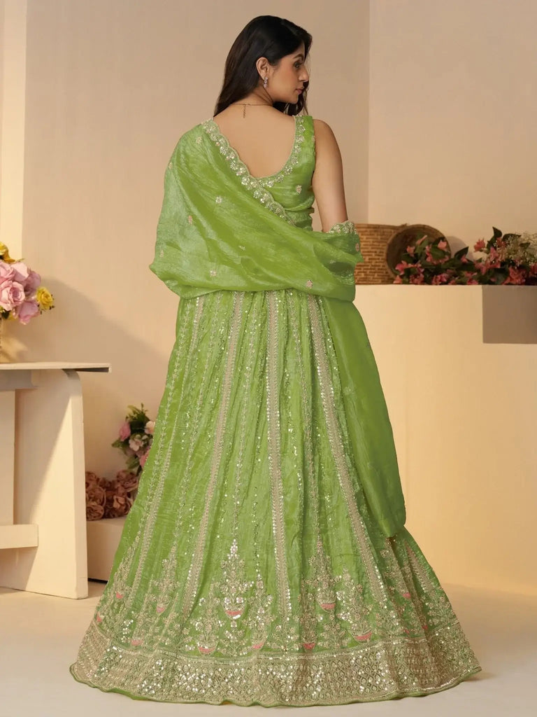 Astonishing Green Sequins Work Silk Mehendi Wear Lehenga Choli With Dupatta - Ethnic Plus In