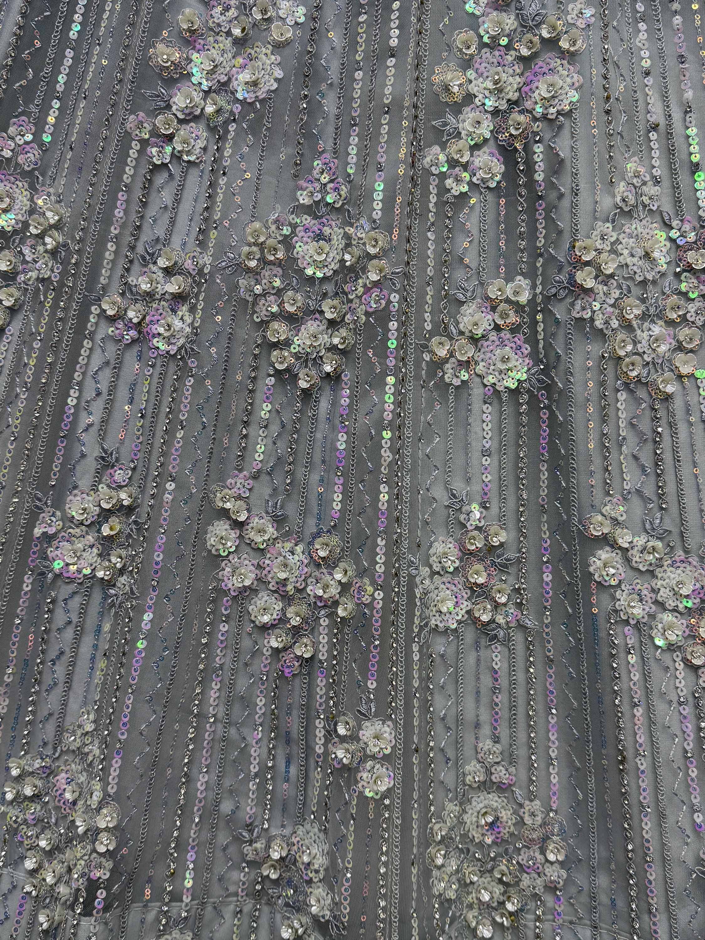 Grey ethnic gown with floral sequin embroidery and shimmering chain details