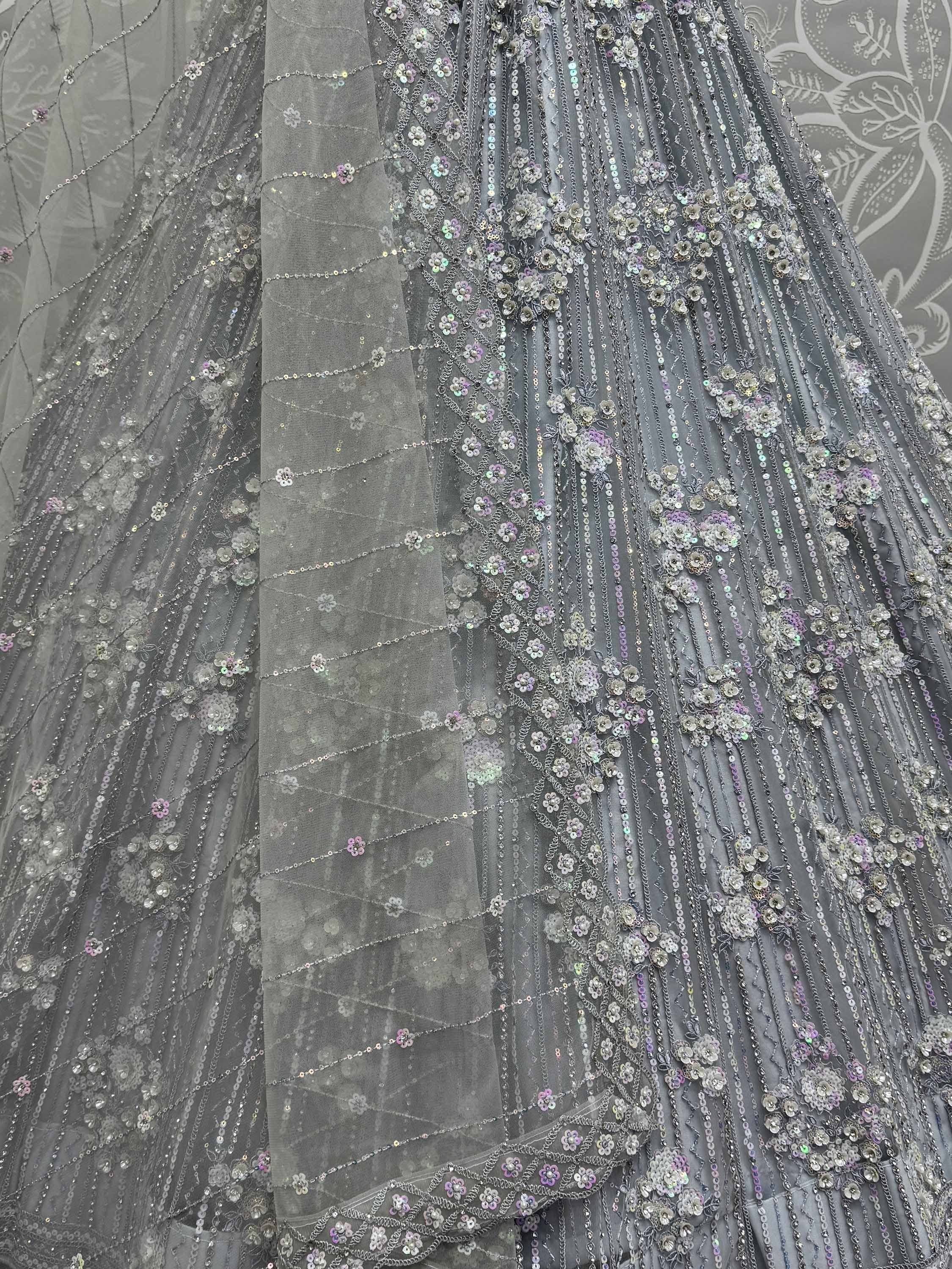 Grey designer lehenga with floral sequin and bead embroidery for Indian ethnic wear