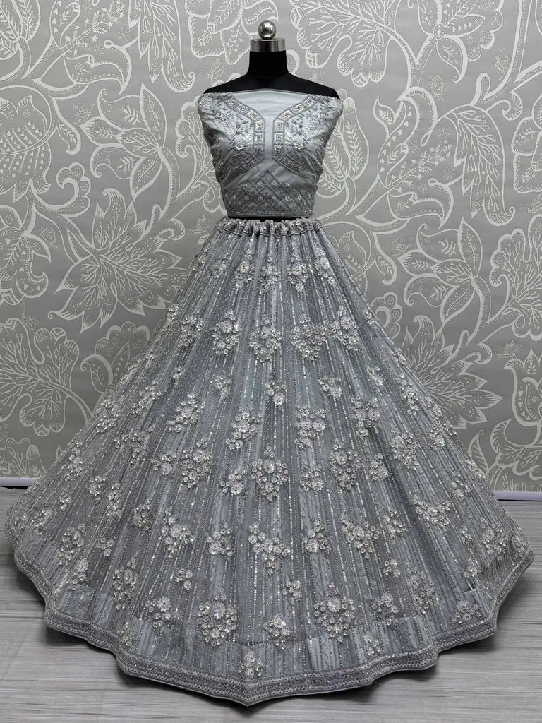 Astonishing Grey Sequins Net Engagement Wear Lehenga Choli - Ethnic Plus In