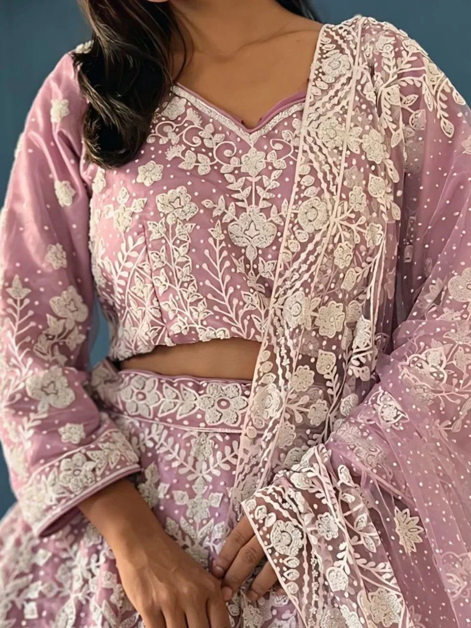Pink floral embroidered lehenga choli with sheer dupatta, ethnic Indian wear