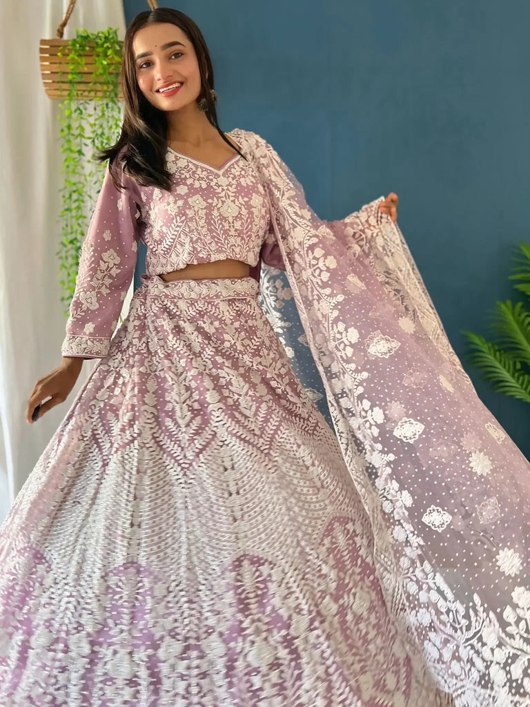 Astonishing Lilac Pearl Work Net Reception Wear Lehenga Choli - Ethnic Plus In