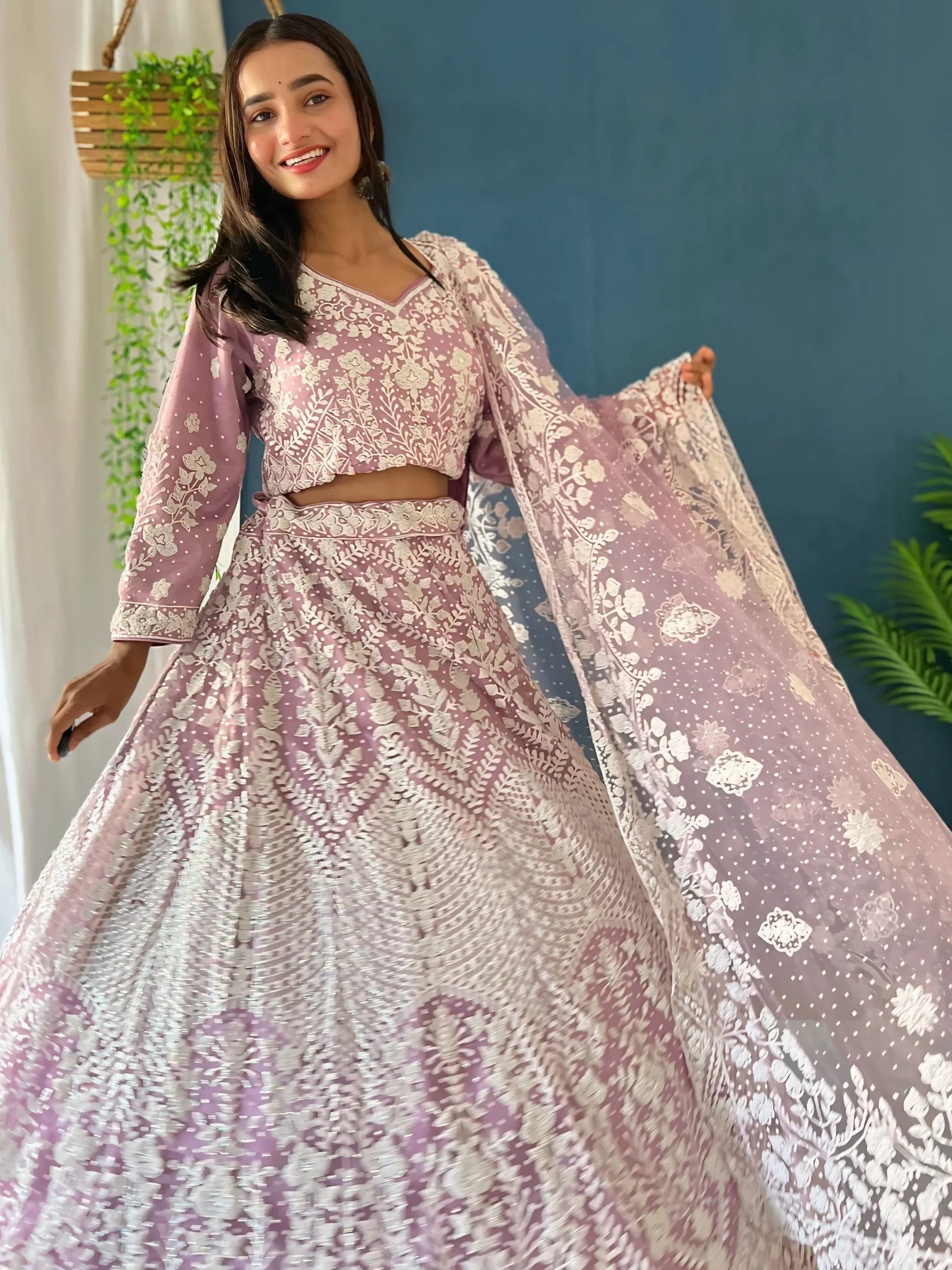 Pink floral embroidered lehenga choli with sheer dupatta, Indian ethnic wear for women