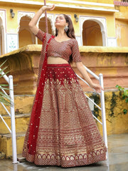 Astonishing Maroon Sequins Raw Silk Wedding Wear Lehenga Choli - Ethnic Plus In
