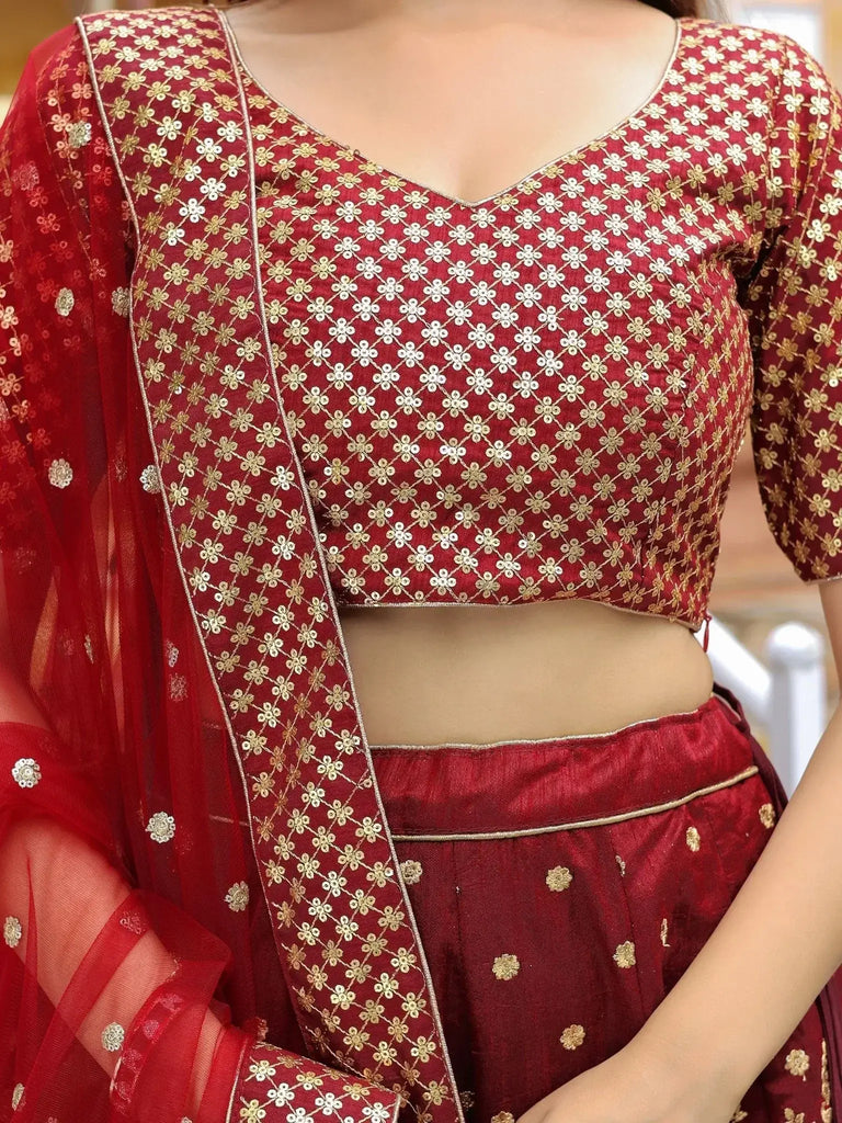 Astonishing Maroon Sequins Raw Silk Wedding Wear Lehenga Choli - Ethnic Plus In