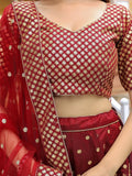 Astonishing Maroon Sequins Raw Silk Wedding Wear Lehenga Choli - Ethnic Plus In