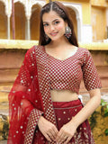 Astonishing Maroon Sequins Raw Silk Wedding Wear Lehenga Choli - Ethnic Plus In