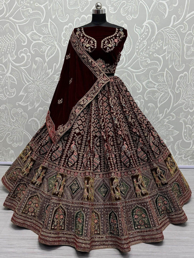 Astonishing Maroon Velvet Bridal Lehenga Choli With Double Dupatta - Ethnic Plus In