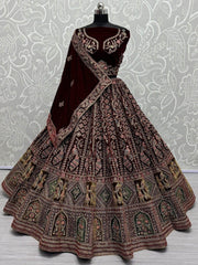 Astonishing Maroon Velvet Bridal Lehenga Choli With Double Dupatta - Ethnic Plus In