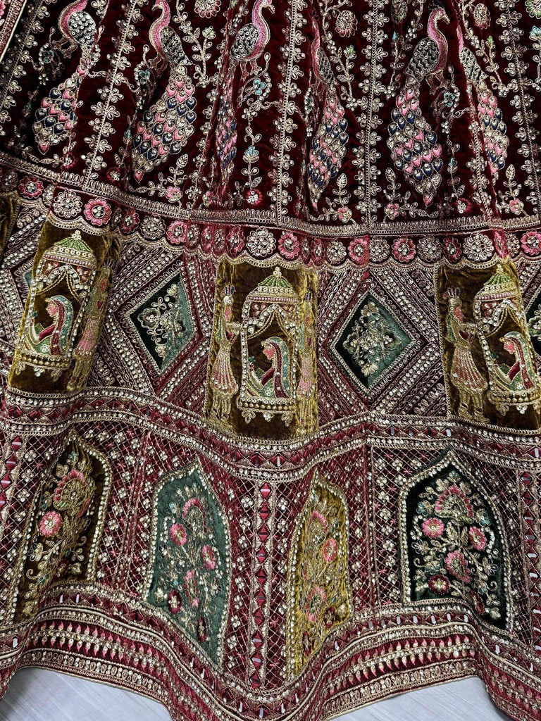 Astonishing Maroon Velvet Bridal Lehenga Choli With Double Dupatta - Ethnic Plus In