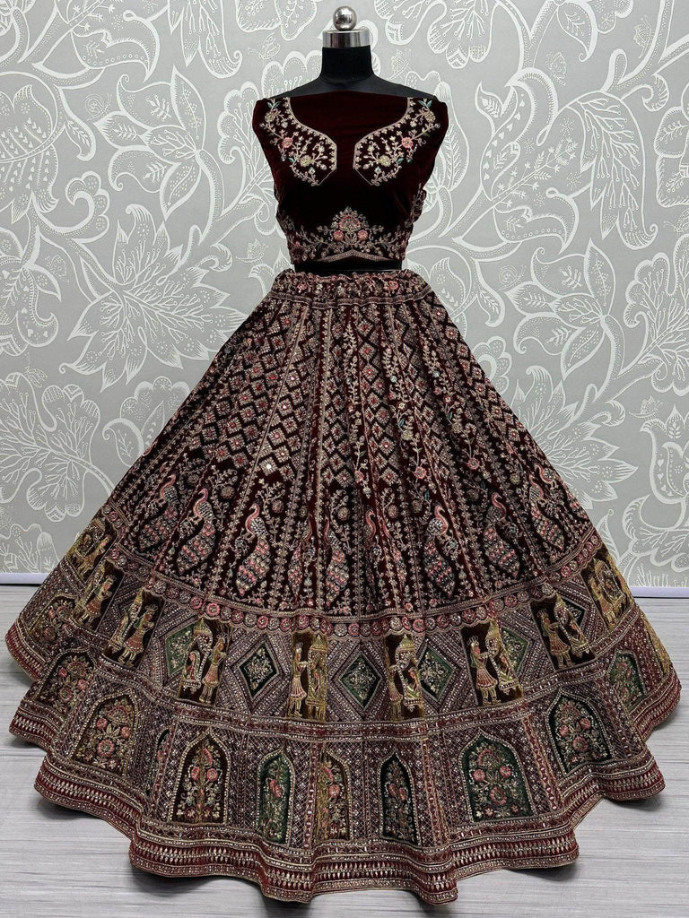 Astonishing Maroon Velvet Bridal Lehenga Choli With Double Dupatta - Ethnic Plus In