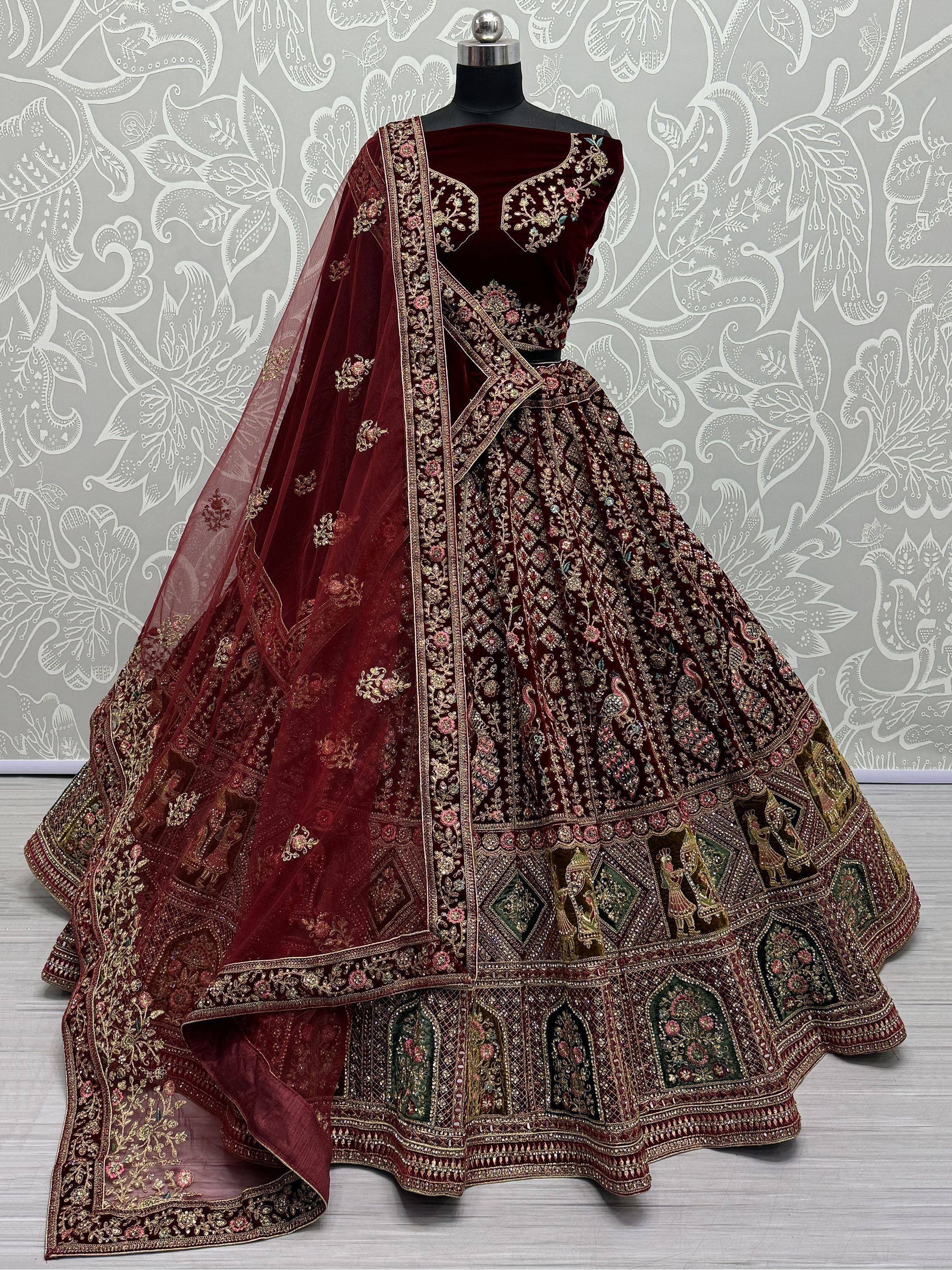 Burgundy velvet designer lehenga choli with heavy embroidery and dupatta, Indian ethnic wear