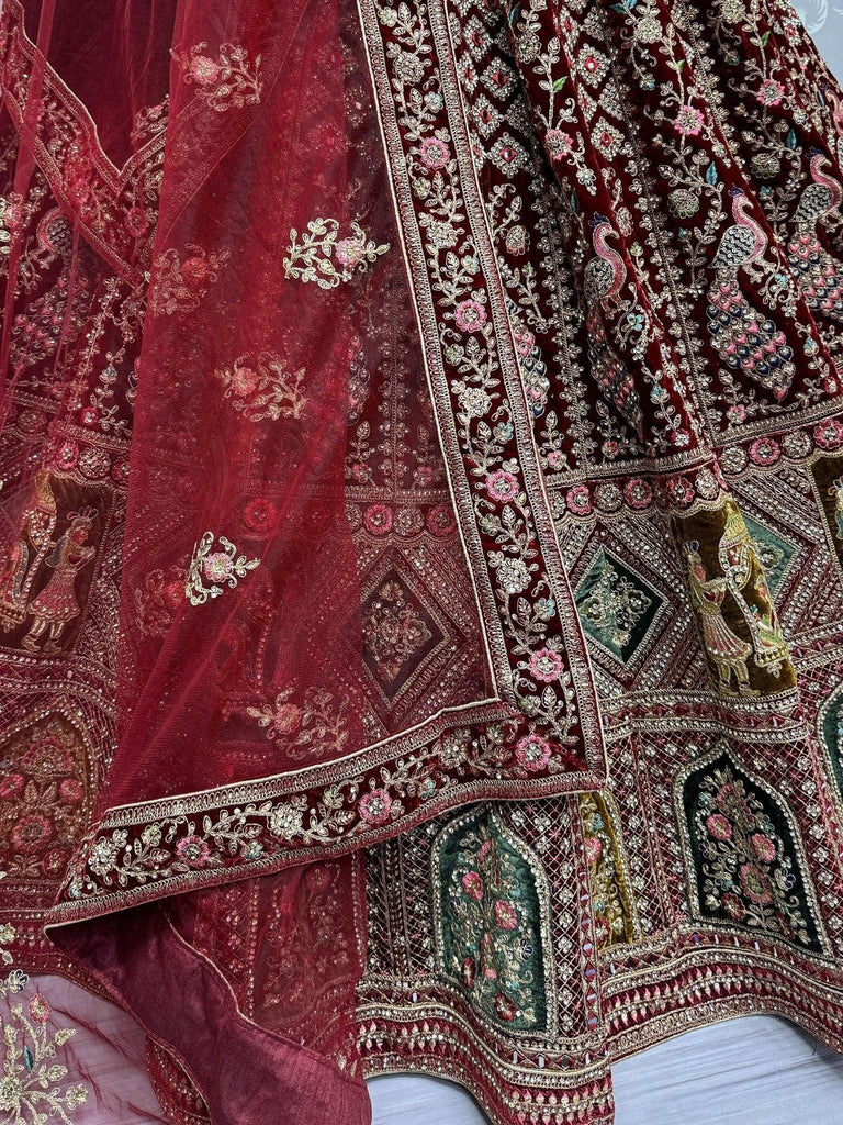 Astonishing Maroon Velvet Bridal Lehenga Choli With Double Dupatta - Ethnic Plus In