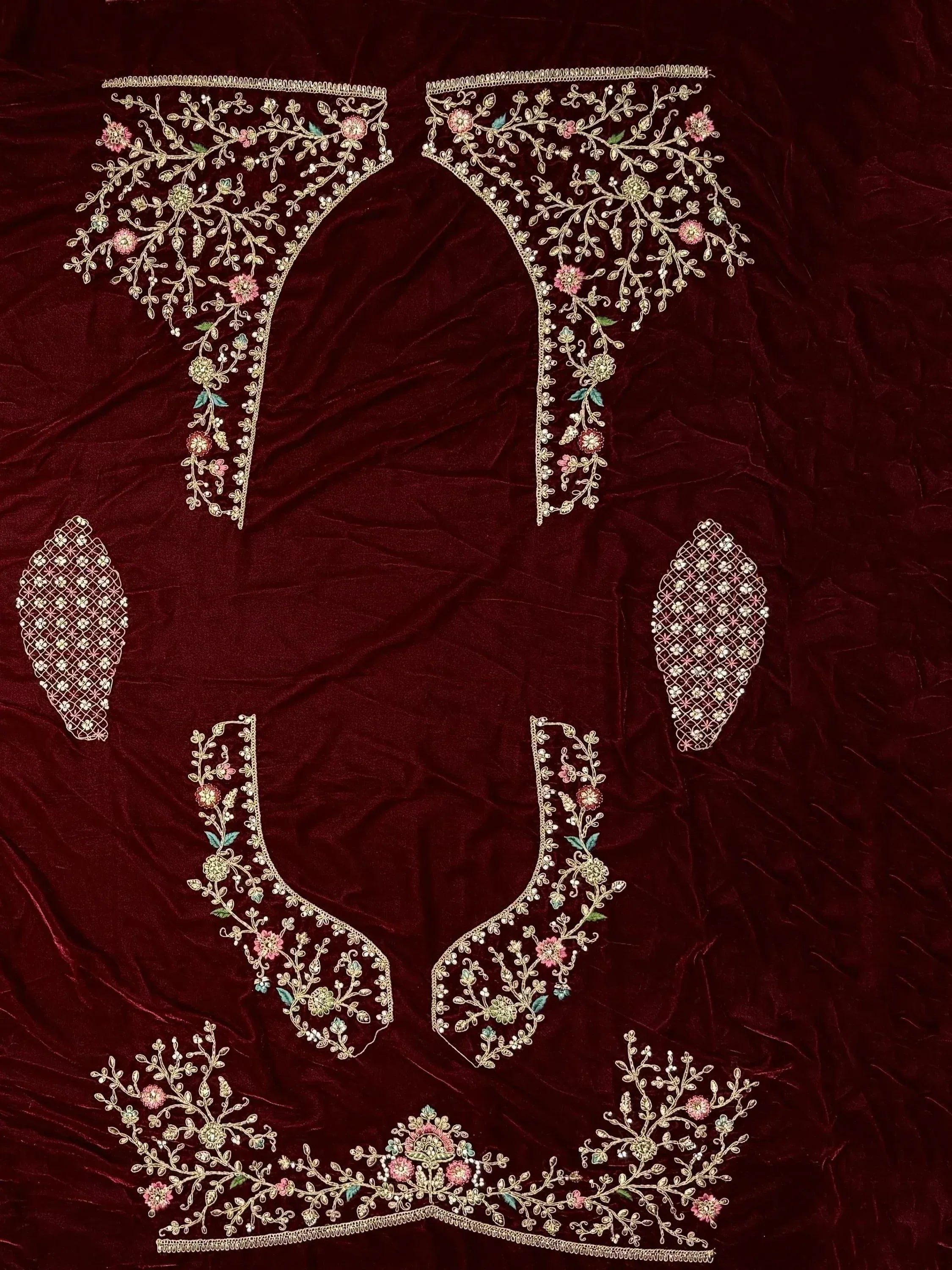 Maroon velvet ethnic wear with floral embroidery, perfect for designer lehenga choli or saree blouse