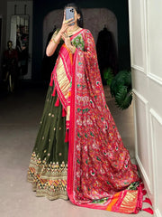 Astonishing Olive Green Embroidered Georgette Mehendi Wear Lehenga - Ethnic Plus In