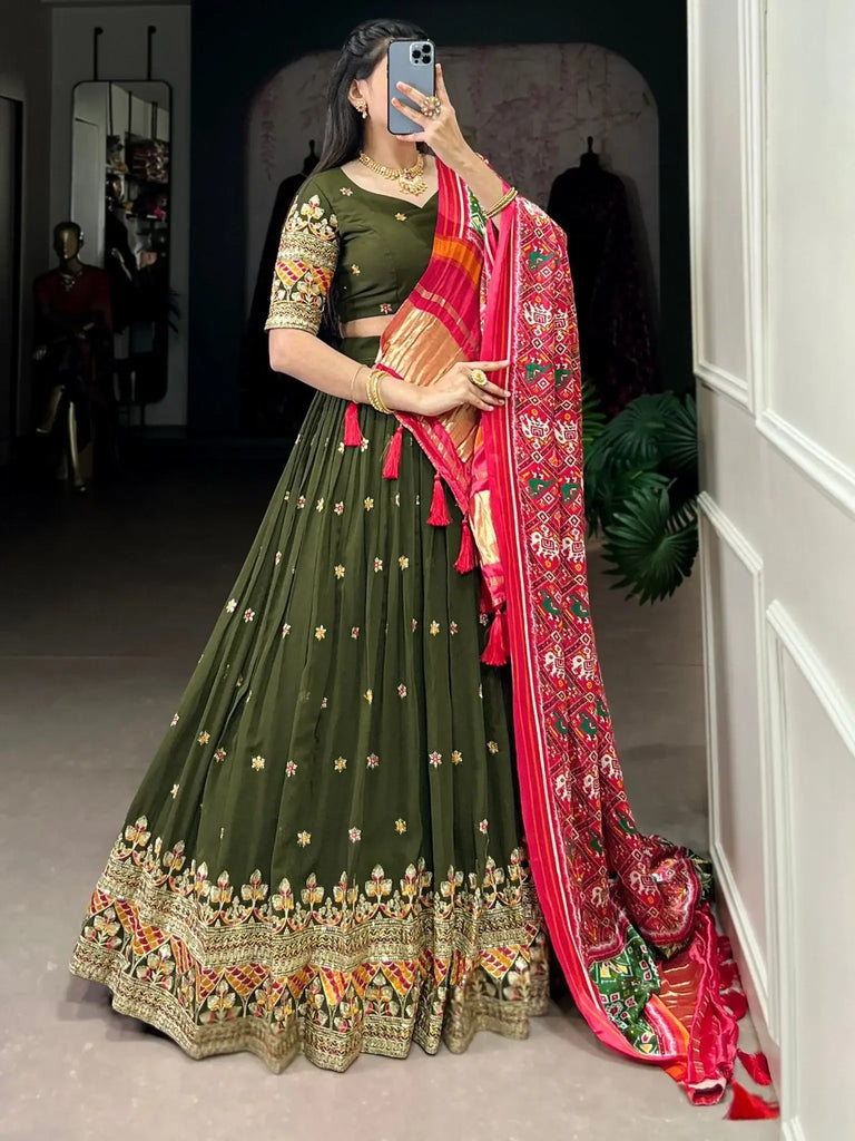 Astonishing Olive Green Embroidered Georgette Mehendi Wear Lehenga - Ethnic Plus In