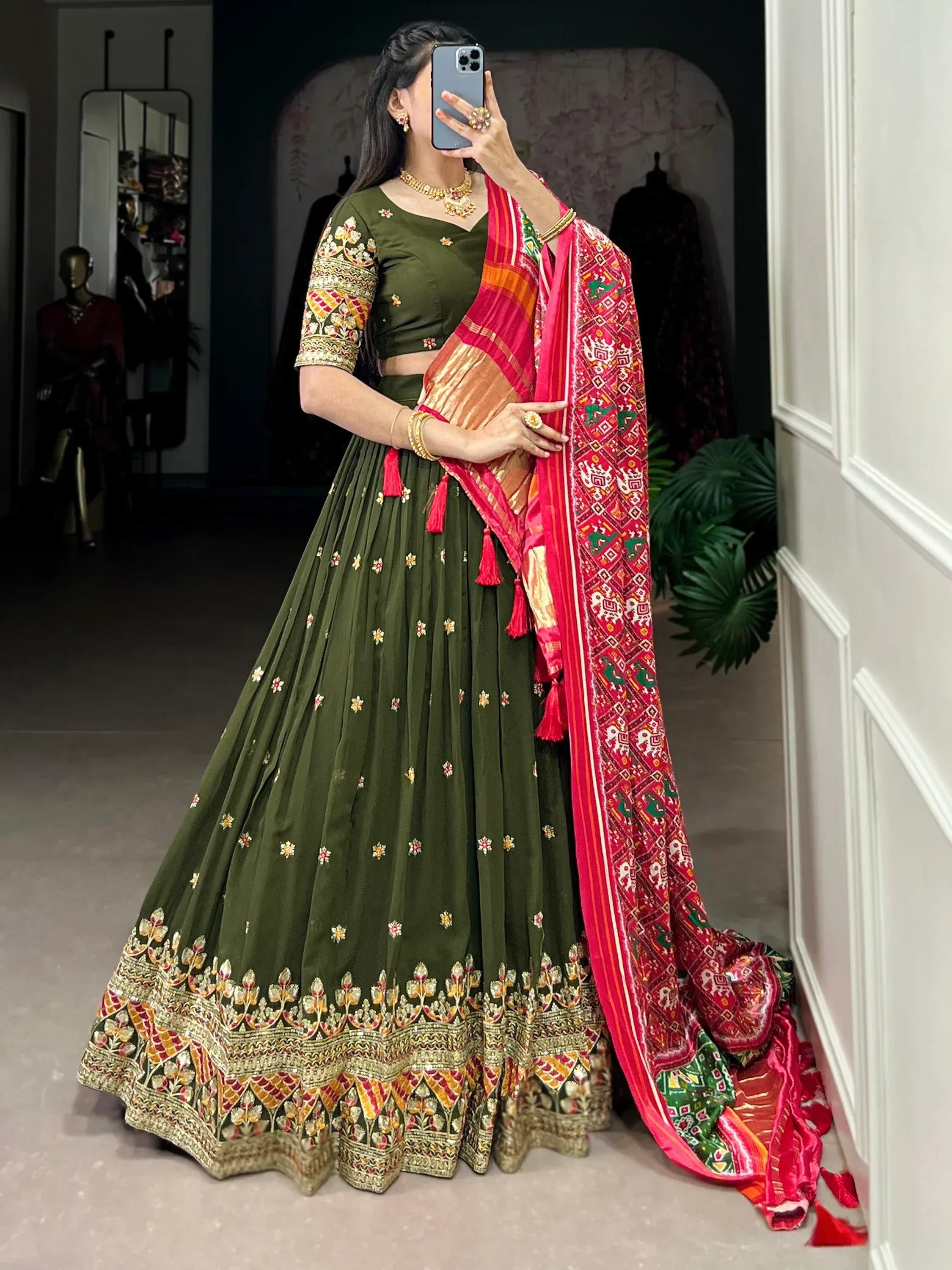 Olive green embroidered lehenga choli with red dupatta, Indian ethnic wear for women