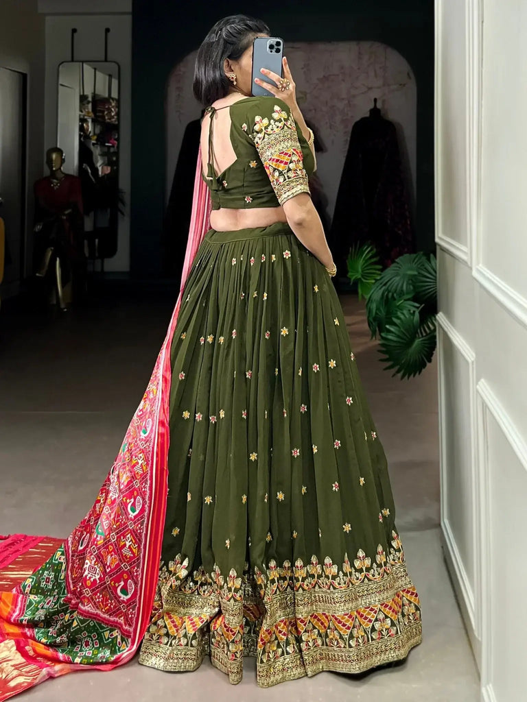 Astonishing Olive Green Embroidered Georgette Mehendi Wear Lehenga - Ethnic Plus In
