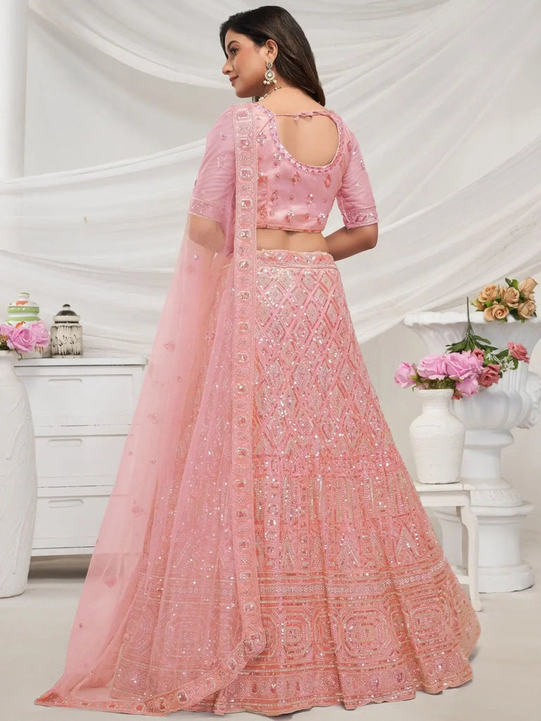 Astonishing Peach Heavy Sequins Net Engagement Wear Lehenga Choli - Ethnic Plus In